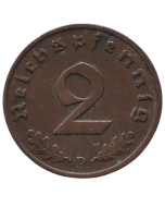 Alemanha - Terceiro Reich 2 Reichspfennig 1939 D (Bronze) - "Item não promove ou glorifica a violência.."