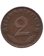 Alemanha - Terceiro Reich 2 Reichspfennig 1938 D (Bronze) - "Item não promove ou glorifica a violência.."