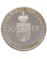 Liechtenstein 10 Francos 1988 (Prata) - 50º Aniversário - Reinado de Francisco José II