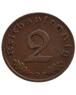 Alemanha - Terceiro Reich 2 Reichspfennig 1937 D (Bronze) - "Item não promove ou glorifica a violência.."