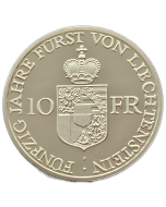 Liechtenstein 10 Francos 1988 (Prata) - 50º Aniversário - Reinado de Francisco José II