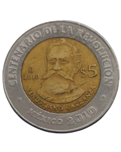 México 5 Pesos 2010 - Centenário da Revolução: Venustiano Carranza