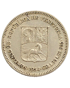 Venezuela 25 cêntimos 1954 - Prata