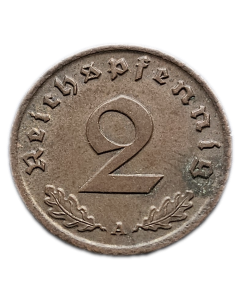 Alemanha - Terceiro Reich 2 Reichspfennig 1937 A (Bronze) - "Item não promove ou glorifica a violência.."