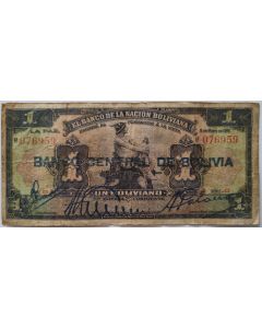 Bolívia 1 boliviano 1929 - Impressão Sobreposta: "BANCO CENTRAL DE BOLIVIA"