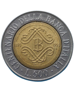Itália 500 Liras 1993 - 100º aniversário - Banco da Itália