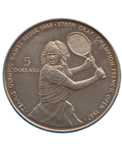Niuê 5 Dólares 1987 - XXIV Jogos Olímpicos de Verão, Seul 1988 - Tênis, Steffi Graf