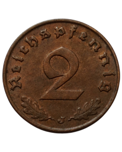Alemanha - Terceiro Reich 2 Reichspfennig 1939 J (Bronze) - "Item não promove ou glorifica a violência.."