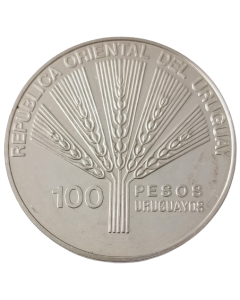 Uruguai 100 Pesos 1995 FC - 50 anos FAO - Alimentos para o Mundo (Prata)
