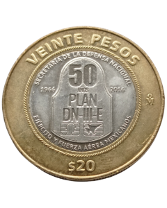 México 20 Pesos 2016 FC - 50º aniversário - Plano DN-III-E (Plano de Segurança e Defesa aos Desastres Naturais)
